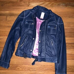Women's Navy Leather Jacket Size Small